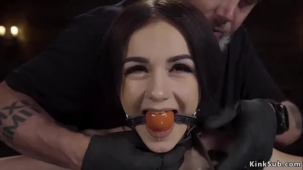 HD Gagged brunette slave Rosalyn Sphinx in standing device bondage drooling over her small tits with clamped nipples then electro shocked and rubbed megabuis