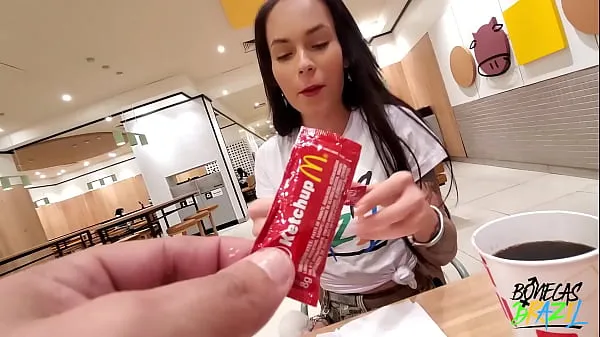 HD Aleshka Markov gets ready inside McDonalds while eating her lunch and letting Neca out mega Tube