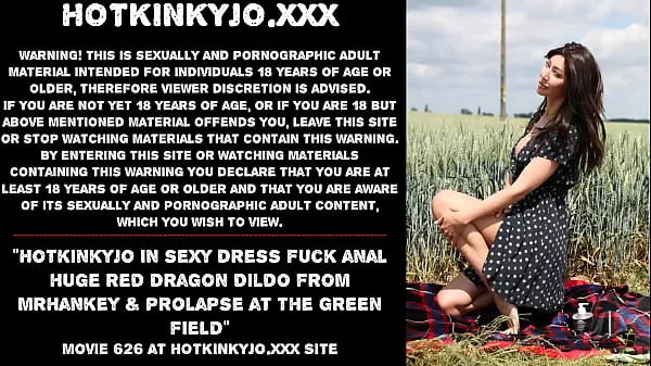 HD Hotkinkyjo in sexy dress fuck anal huge red dragon dildo from mrhankey & prolapse at the green field megabuis